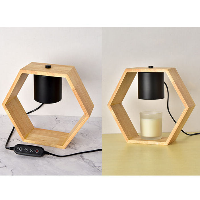 Zeitgenössische nordische sechseckige Tischlampe aus Holz und Metall mit 1 Flamme und schmelzendem Wachs für das Schlafzimmer 