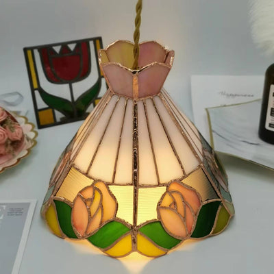 Traditional Tiffany Tapered Green Leaf Rose Copper Stained Glass 1-Light Pendant Light For Bedroom