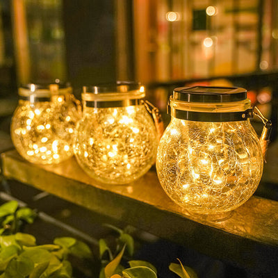 Solar Crackle Round Glass Jar LED Outdoor Garden Decorative Light