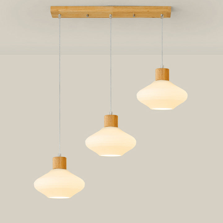 Moderne minimalistische ovale Inselleuchte aus Glas, Gummibaumholz und Metall, 1/3-flammiger Kronleuchter für das Esszimmer 