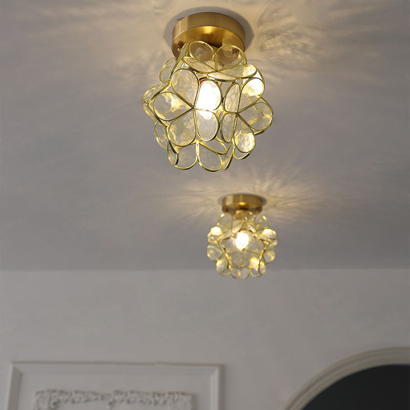 Modern Art Deco Brass Finish Frame Petal Glass Shade 1-Light Semi-Flush Mount Ceiling Light For Living Room