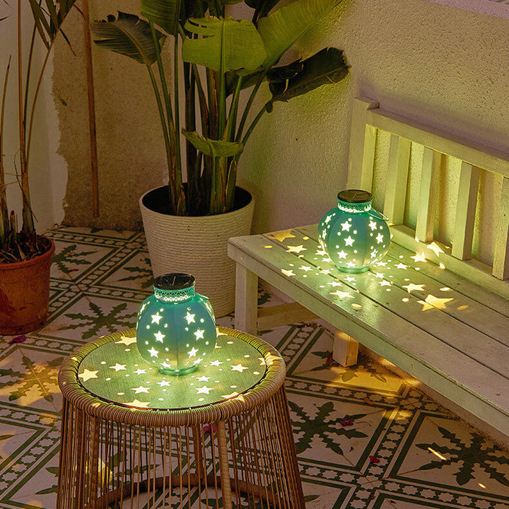 Kreative Solar Eisen Pentagramm Hohl Dekor Laterne LED Tragbare Terrasse Rasen Licht 