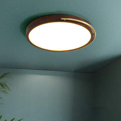 Modern Chinese Walnut Round Copper Ring LED Flush Mount Ceiling Light