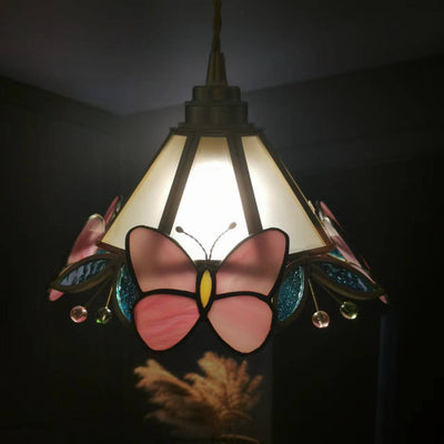 Japanese Nordic Brass Butterfly Stained Glass Cone 1-Light Pendant Light