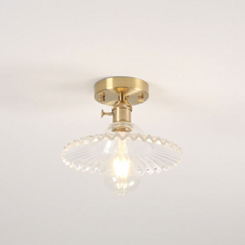 Japanese Vintage Glass Brass Lotus 1-Light Semi-Flush Mount Ceiling Light