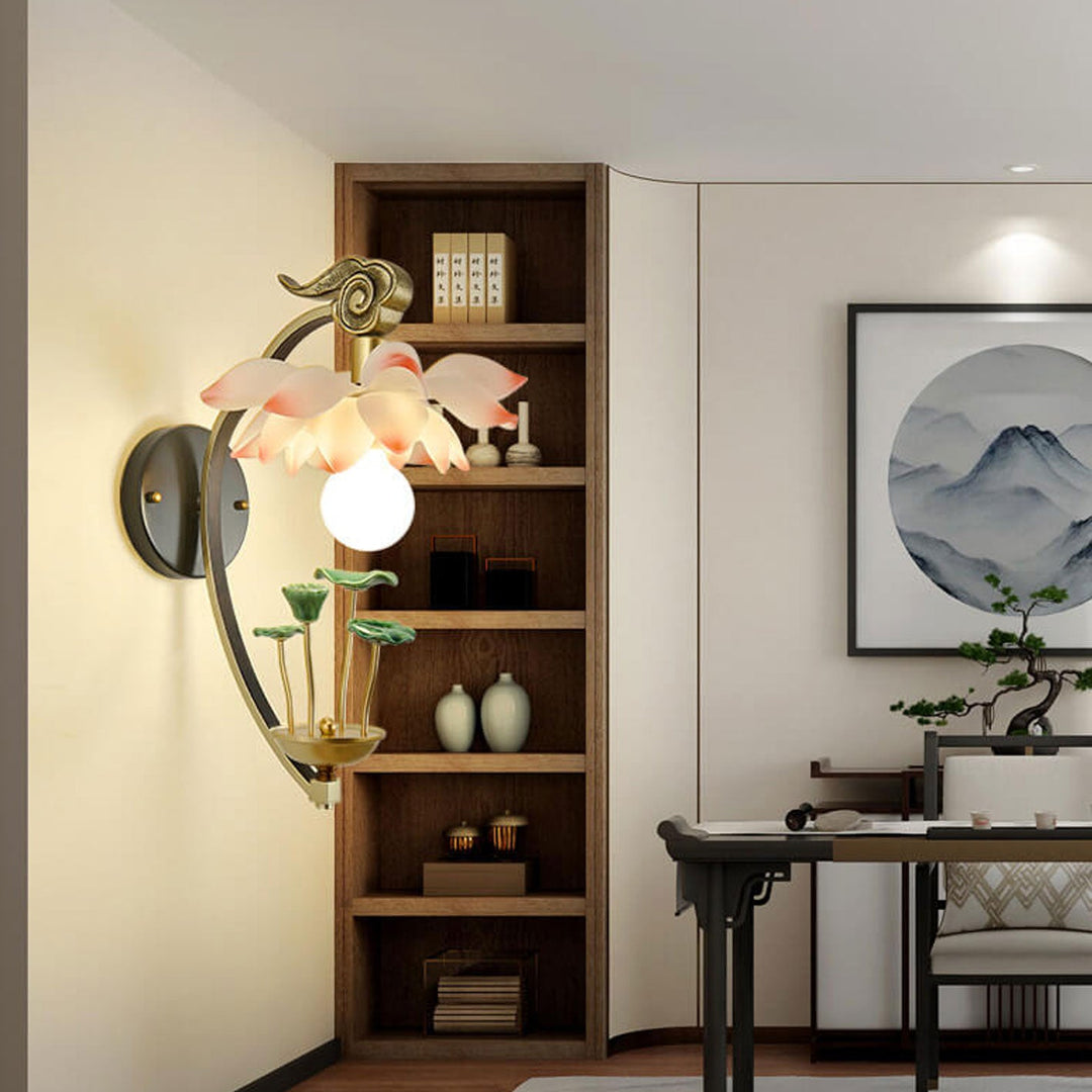 Applique murale moderne en céramique de lotus chinois à 1 lumière en résine 
