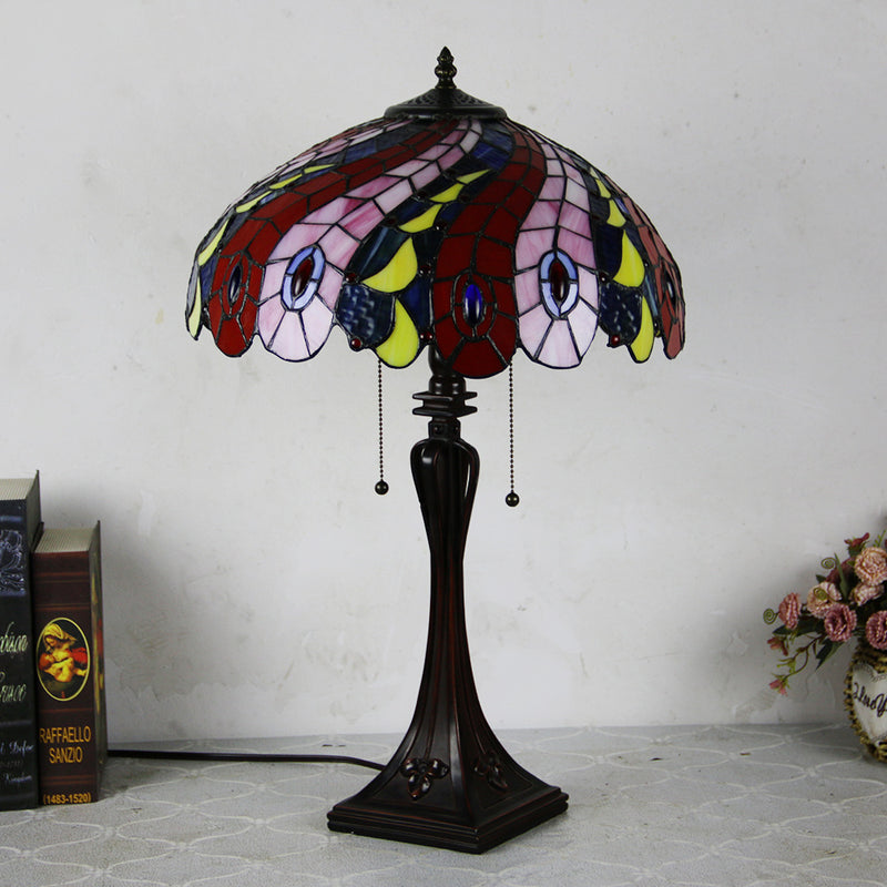 Lámpara de mesa de 2 luces con cordón de tiro en forma de cono de vidrio teñido estilo Tiffany Mediterráneo 
