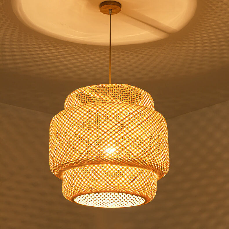 Traditional Japanese Round Bamboo Weaving Column 1-Light Pendant Light For Bedroom