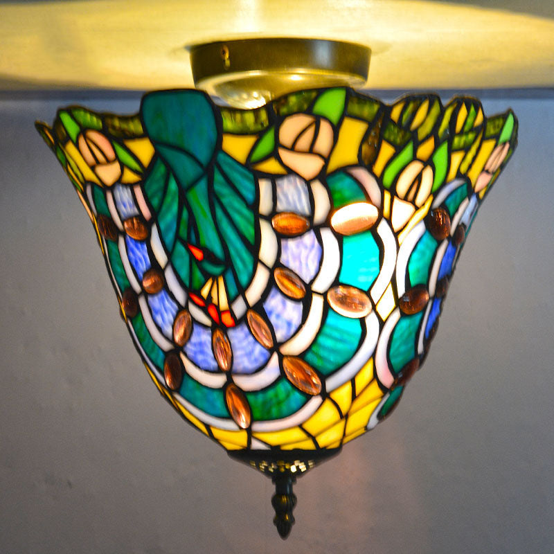 Traditional Tiffany Stained Glass Iron Bowl Round 2-Light Semi-Flush Mount Ceiling Light for Living Room