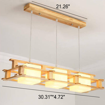 Japanese Simple Log Square Glass Wooden Frame 1/3 Light Chandelier