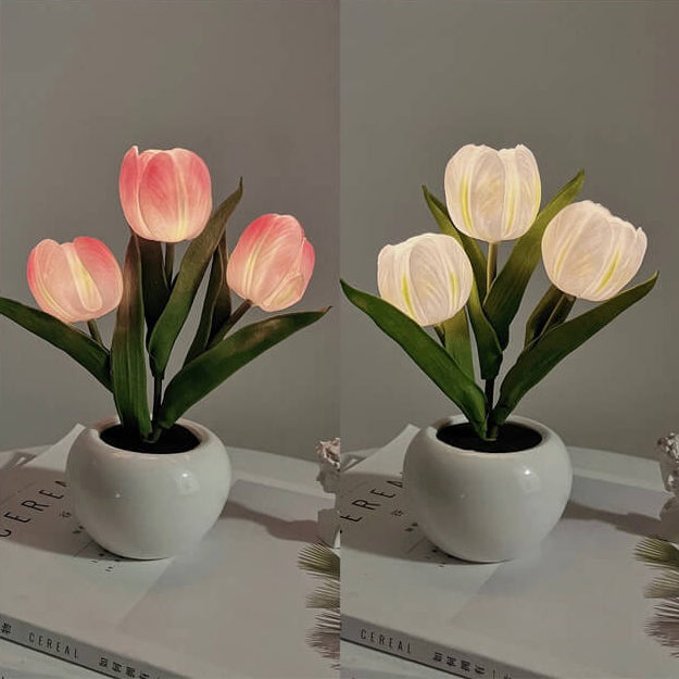 Tulipe Simulation Bouquet Pot de Fleur en Céramique Lampe de Table Lumière Nocturne LED 
