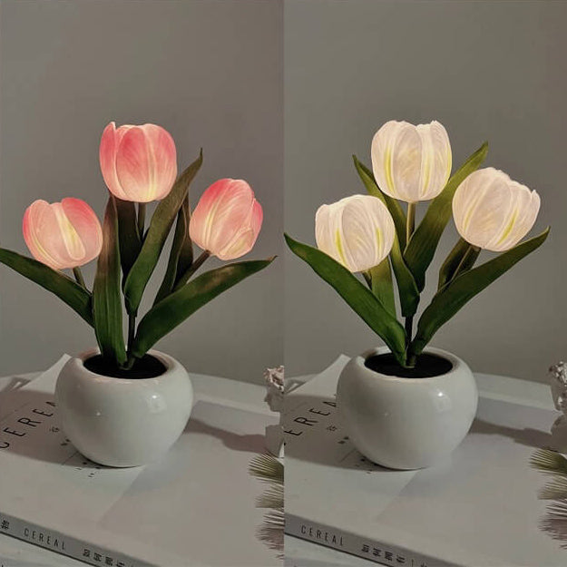 Tulip Simulation Bouquet Keramik Blumentopf LED Nachtlicht Tischlampe