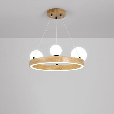 Nordic Minimalist Wood Circle Glass Ball 3/4 Light Chandelier