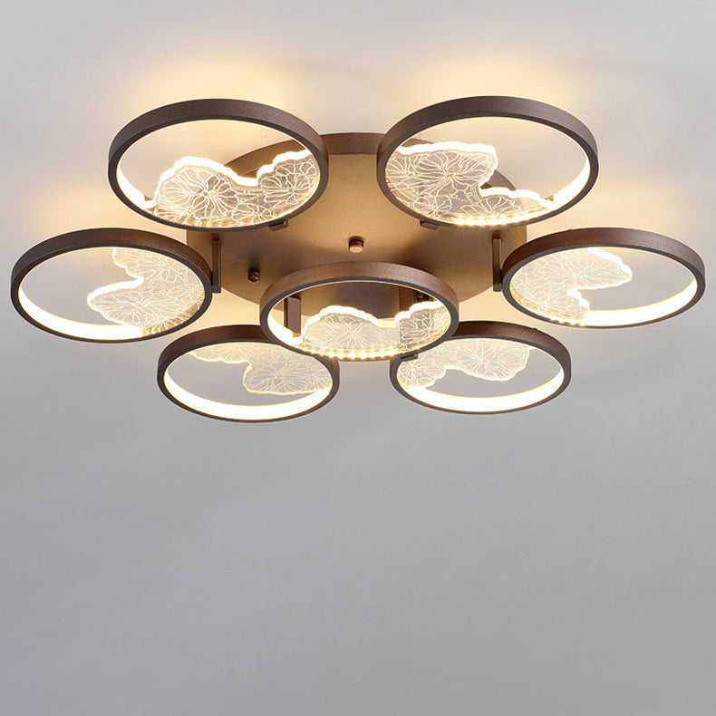 Traditional Chinese Zen Iron Round Frame Acrylic Flower Pattern LED Semi-Flush Mount Ceiling Light For Living Room