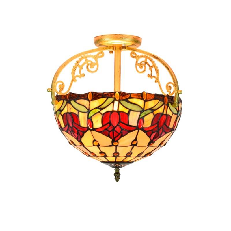 European Tiffany Red Tulip Stained Glass 2-Light Semi-Flush Mount Ceiling Light