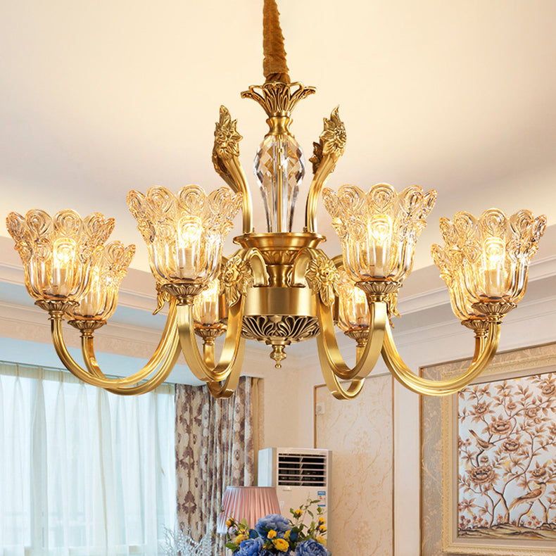 Lámpara de araña con pantalla de vidrio floral y acabado dorado tradicional francés de 6/8 luces para sala de estar 