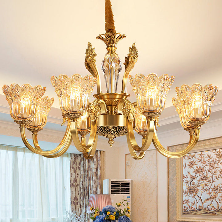 Cadre doré traditionnel français Finition cadre floral Abat-jour en verre Lustre 6/8 lumières pour salon 