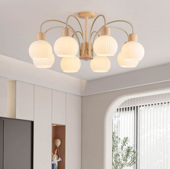 Moderna Lámpara Redonda de Crema de Hierro Madera Maciza Vidrio 6/8 Luces Candelabro 