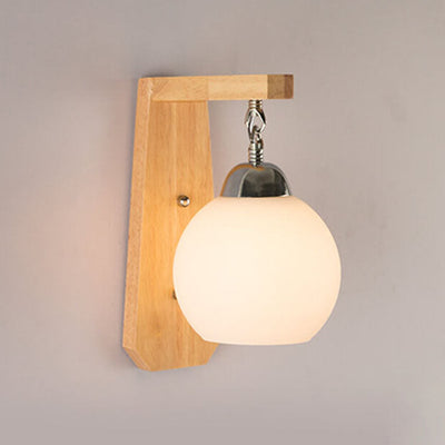 Japanese Simple Glass Round Shade Wood Arm 1-Light Wall Sconce Lamp