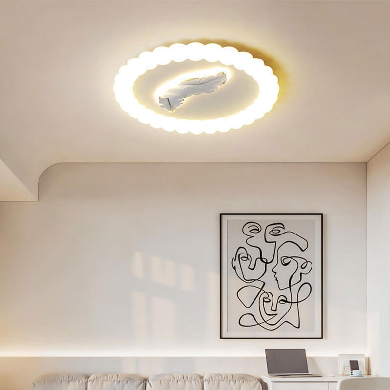 Nordic Minimalist Feather Decoration Design Round LED Flush Mount Light