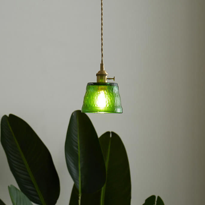 Traditional Vintage Glass Copper Drum Round 1-Light Pendant Light for Living Room