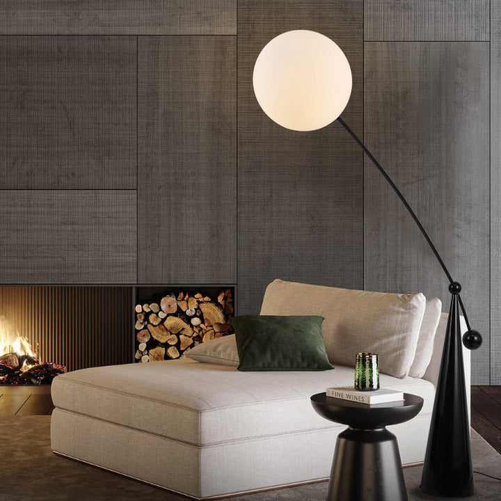 Zeitgenössische kreative konische Basis Angelrute Orb Eisen Glas 1-Licht Stehlampe für Wohnzimmer 