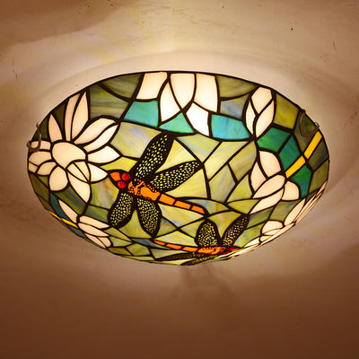 Vintage Tiffany Dragonfly Stained Glass 2/3 Light Flush Mount Ceiling Light