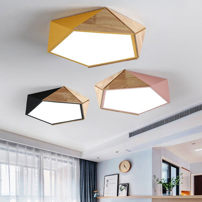 Wooden Simple Geometry 1-Light LED Flush Mount Lighting