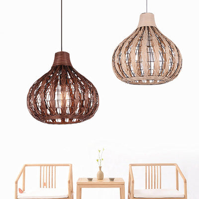 Rustic Rattan Weaving 1-Light Water Drop Shaped Pendant Light