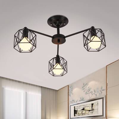 Kronleuchter mit geometrischem Lampenschirm und 3 Lichtern aus Schmiedeeisen 