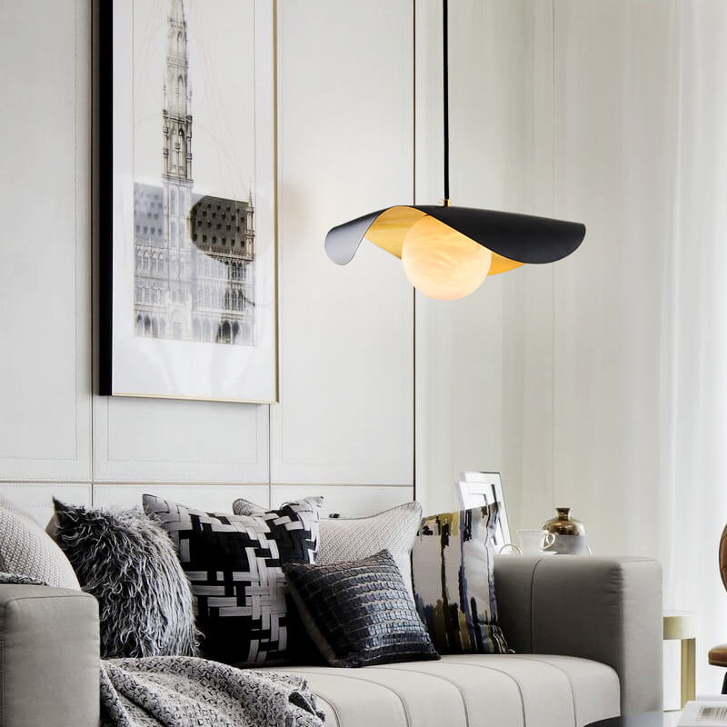 Moderne schwarze Lotusblatt 1-Licht Faux-Marmor-Kugel-Schirm Pendelleuchte 