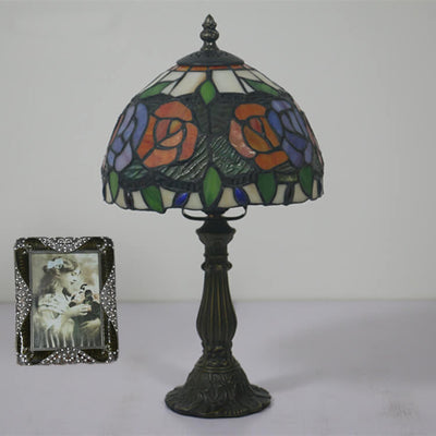 Retro Tiffany Flowering Rose Stained Glass 1-Light Table Lamp