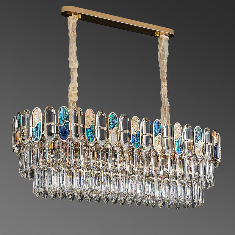 Modern Luxury Round Shell Embellishment Tiered Iron Crystal Shade 11/12/15/21/28-Light Chandelier For Living Room