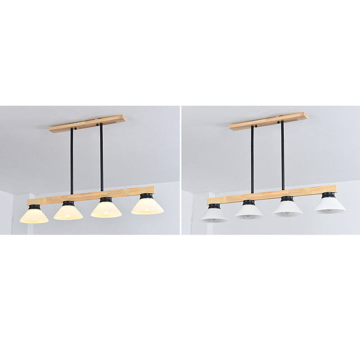 Lámpara de Araña de Isla de 3/4 Luces con Pantalla de Vidrio Cónica de Madera Maciza Nórdica 