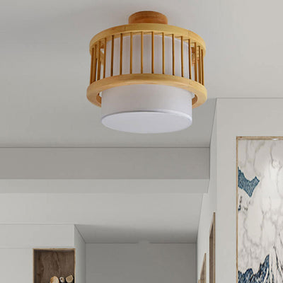 Modern Japanese Solid Wood Cylindrical Drum 2/3 Light Ceiling Light