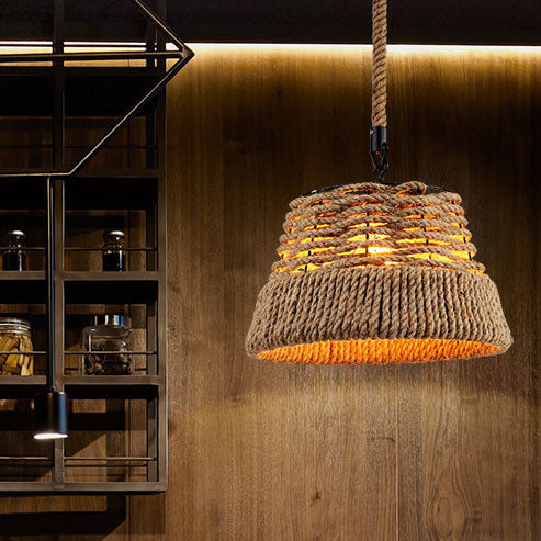 Lampe suspendue à 1 lumière en forme de cône de chanvre industriel vintage avec chapeau de paille 