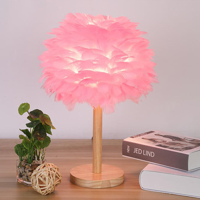 Lampe de table moderne et créative à 1 lumière en bois massif avec plumes décoratives 