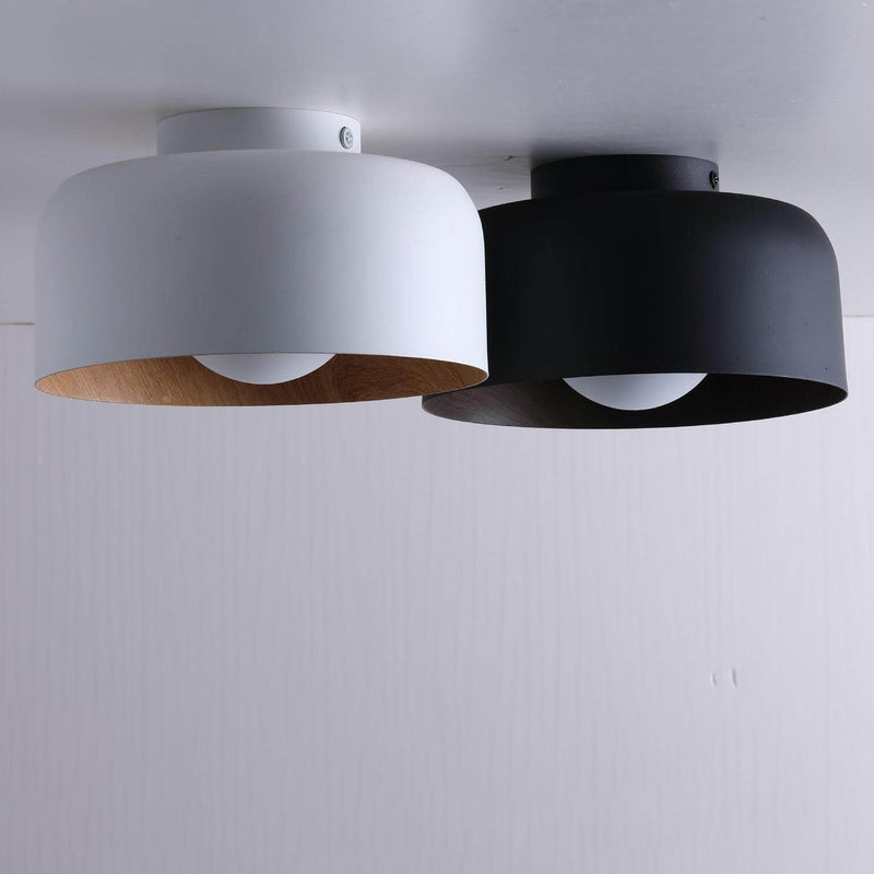 Minimalistische Kuppel, Holzmaserung, Eisen, 1-Licht, halbbündige Deckenmontage