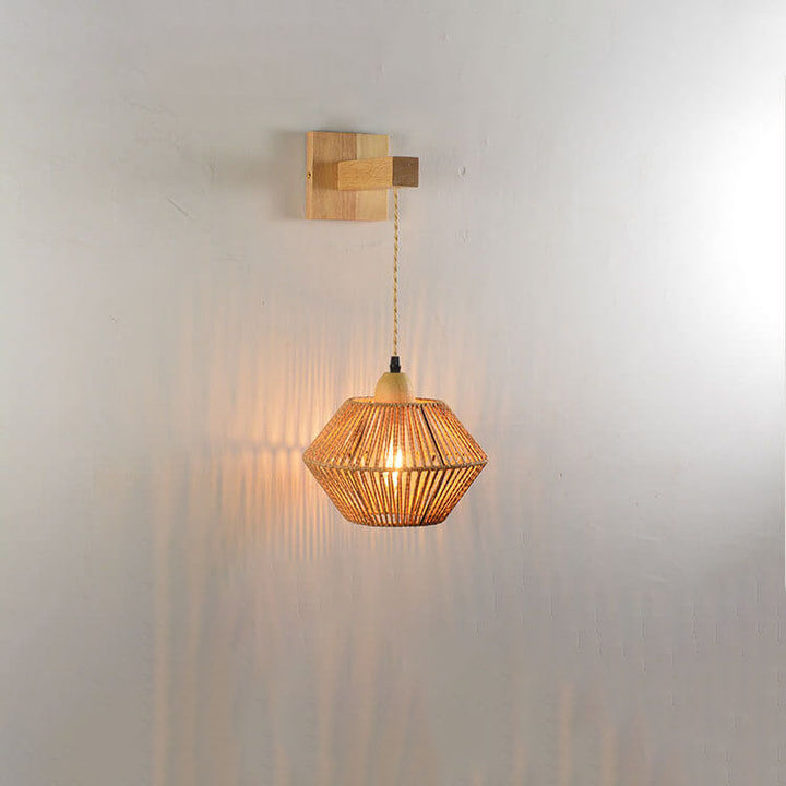 Traditionelle Vintage-Wandleuchte mit Seilgeflecht, Bambus, Massivholz und Laternenkäfig, 1-flammig, für das Wohnzimmer 