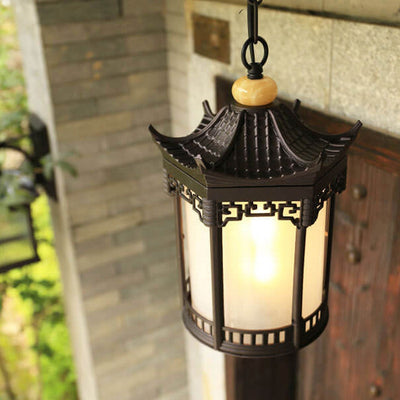 Retro Chinese Outdoor Waterproof Hexagonal Lantern 1-Light Patio Pendant Light