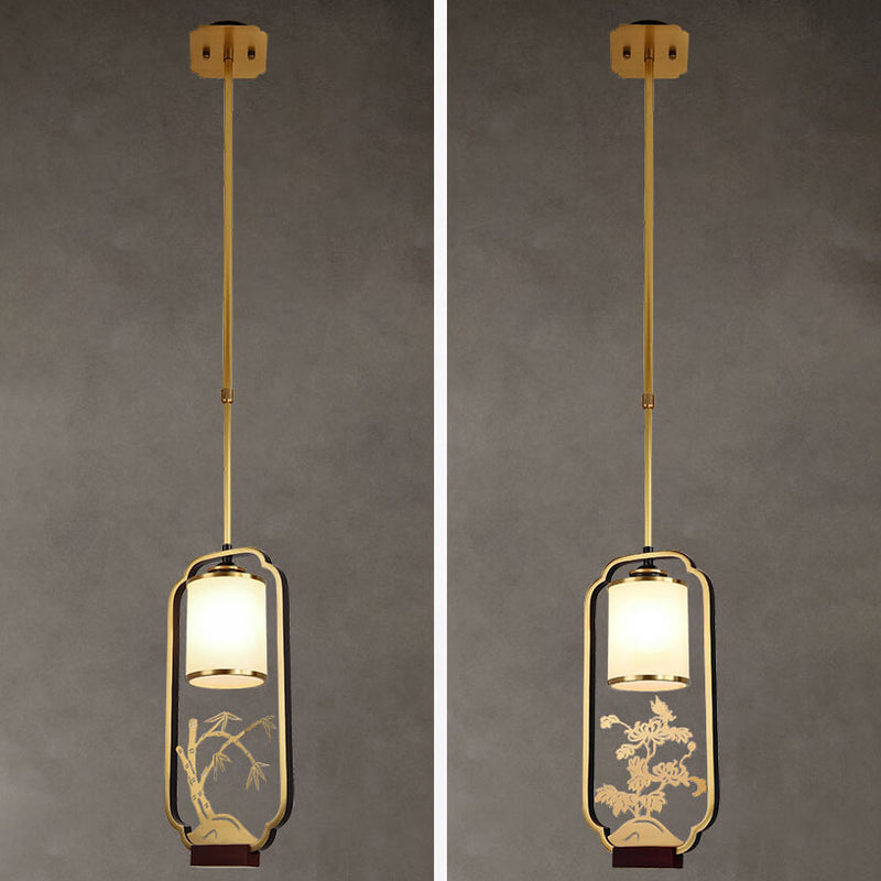 Modern Chinese Glass Shade Ring Brass Zen 1-Light Pendant Light