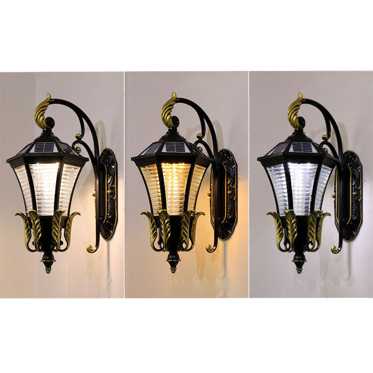 European Solar Hexagonal Lantern Outdoor Waterproof Patio LED Wall Sconce Lamp