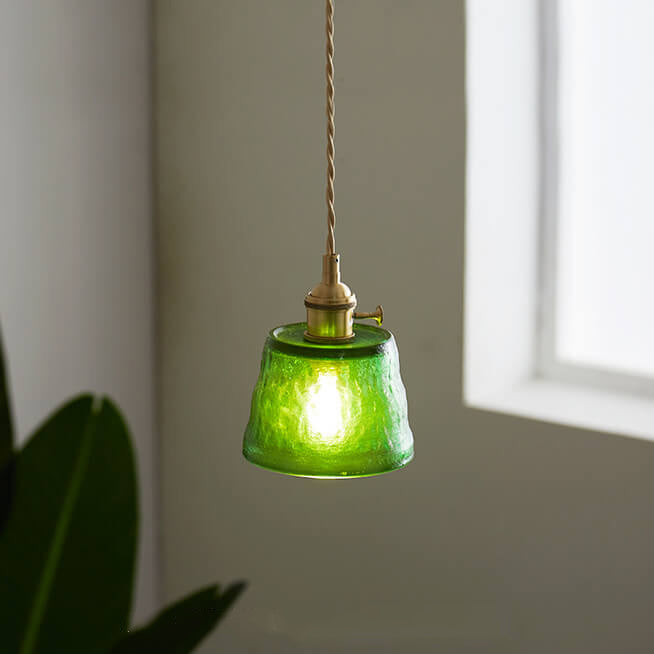 Traditionelle Vintage-Pendelleuchte aus Glas und Kupfer mit rundem Trommelschirm, 1-flammig, für das Wohnzimmer 