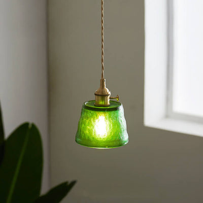 Vintage Glass Brass Drum 1-Light Pendant Light