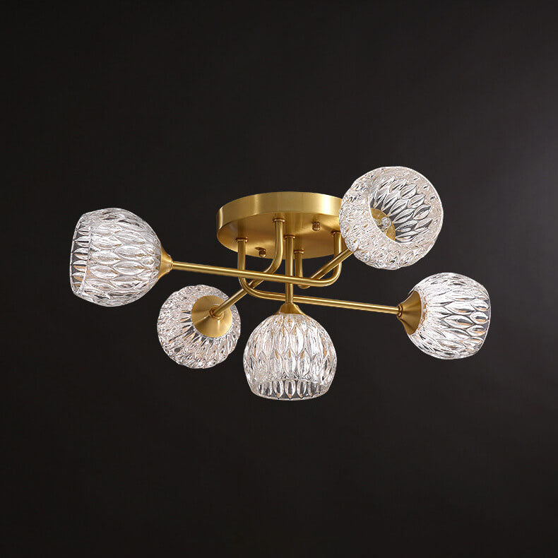 Plafonnier semi-encastré à 5 lumières en verre cristal rond en cuivre de style moderne du milieu du siècle 
