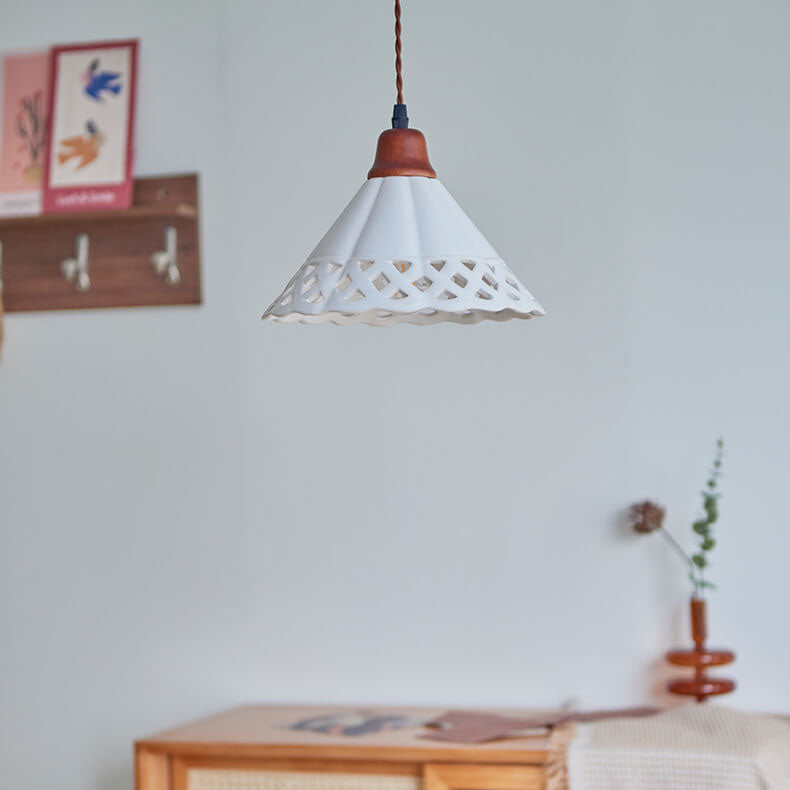 Japanese Minimalist Funnel-Shaped Hollow Ceramic 1-Light Pendant Light