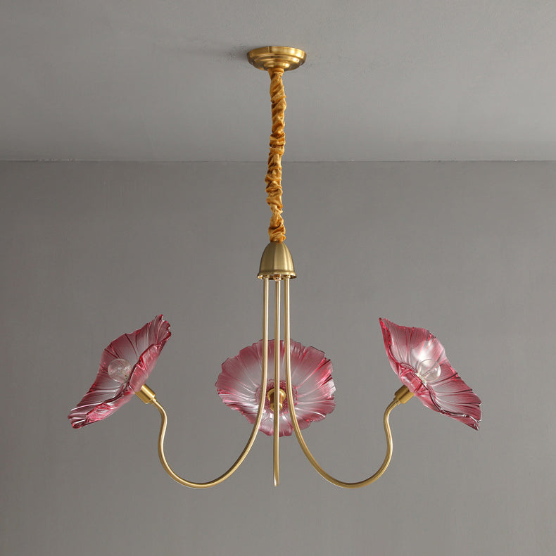 Modern Art Deco Gold Finish Frame Lotus Leaf Glass Shade 3/6-Light Chandelier For Living Room