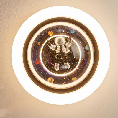 Contemporary Creative Cartoon Planet Resin Astronaut Acrylic Round Shade LED Kids Flush Mount Ceiling Light For Bedroom