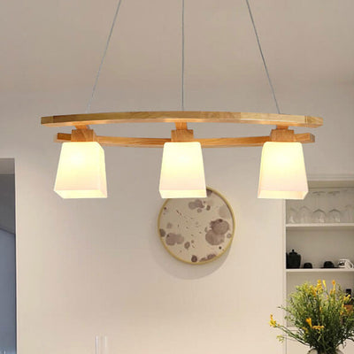 Nordischer minimalistischer Massivholz-Glas-Insel-Licht-Kronleuchter mit 3 Lichtern