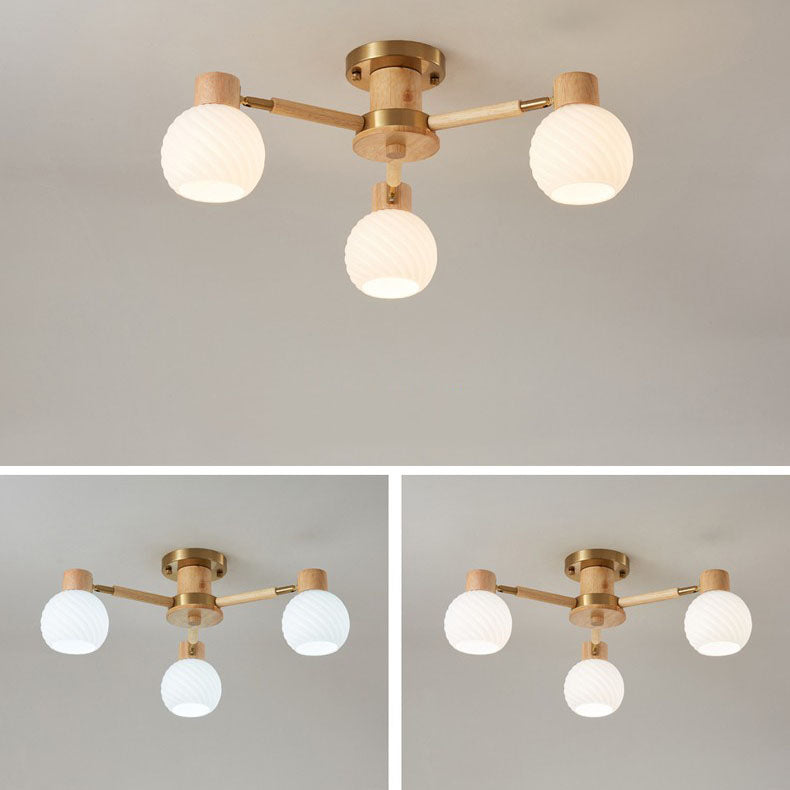 Plafón de techo tradicional japonés Wabi-sabi de madera de caucho, herrajes y vidrio de 3/6/8 luces para sala de estar 